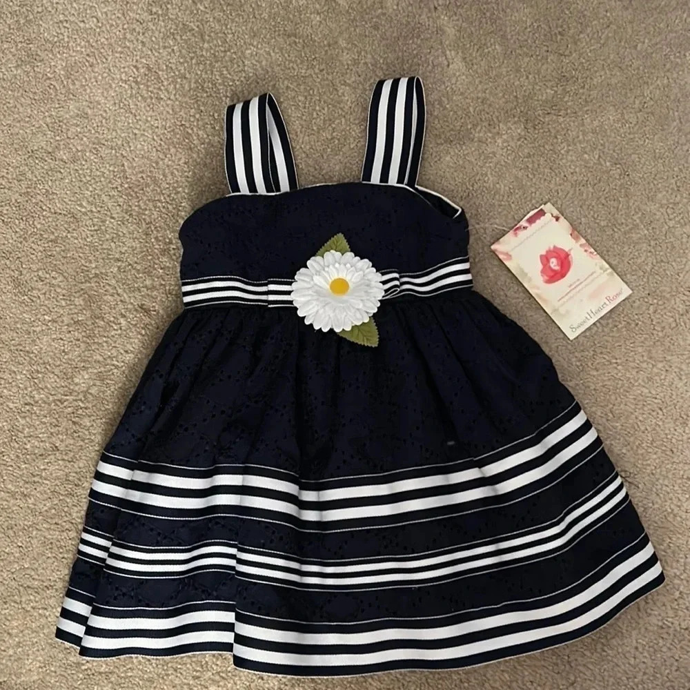 Sweet heart Rose Daisy Appliqué Toddler dress 24 months Navy Blue Striped NWT